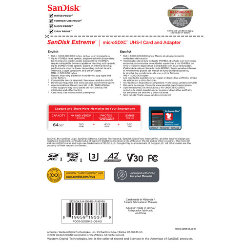  SanDisk Extreme 64GB microSD Memory Card V30 (170MB/s)